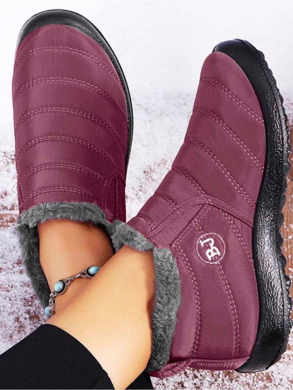Boojoy Burgundy Winter Boots Winter Warm Anti-Slip Ankle Booties Waterproof Slip